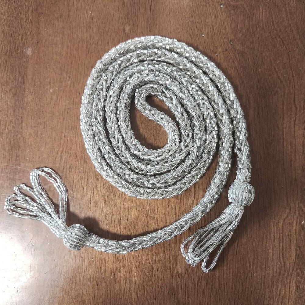 Vintage Silver Crystal MicroBead, sparkly tie belt sash lariat, 50" incl tassels